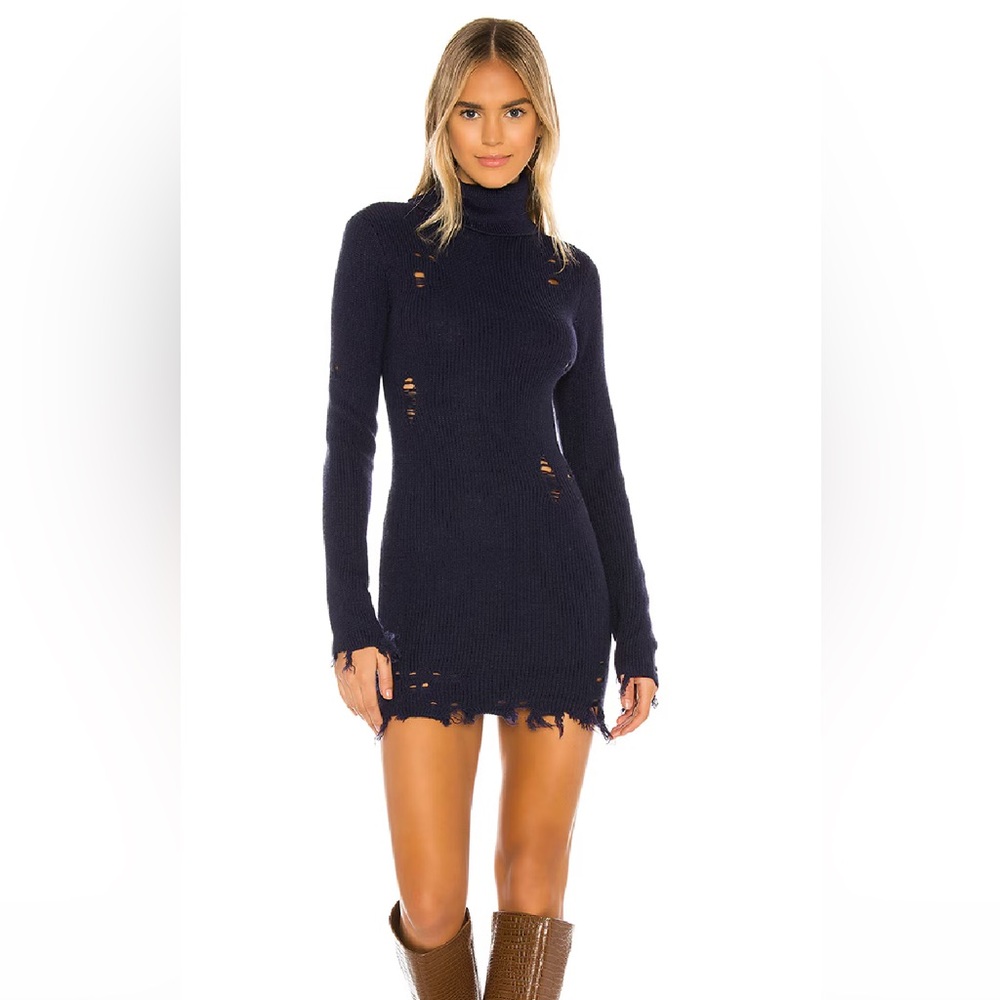 Lovers + Friends Navy Distressed Turtleneck Sweater Dress